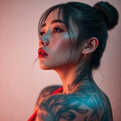 The primary subject of the image is a woman with tattoos, who is wearing a red shirt. She is looking at the camera with a confident expression. The setting is a room with a wall visible in the background. The visual style is a close-up of the woman, showcasing her tattoos and red shirt. The colors and mood of the image are vibrant and bold, with the red shirt and tattoos adding a sense of individuality and self-expression.